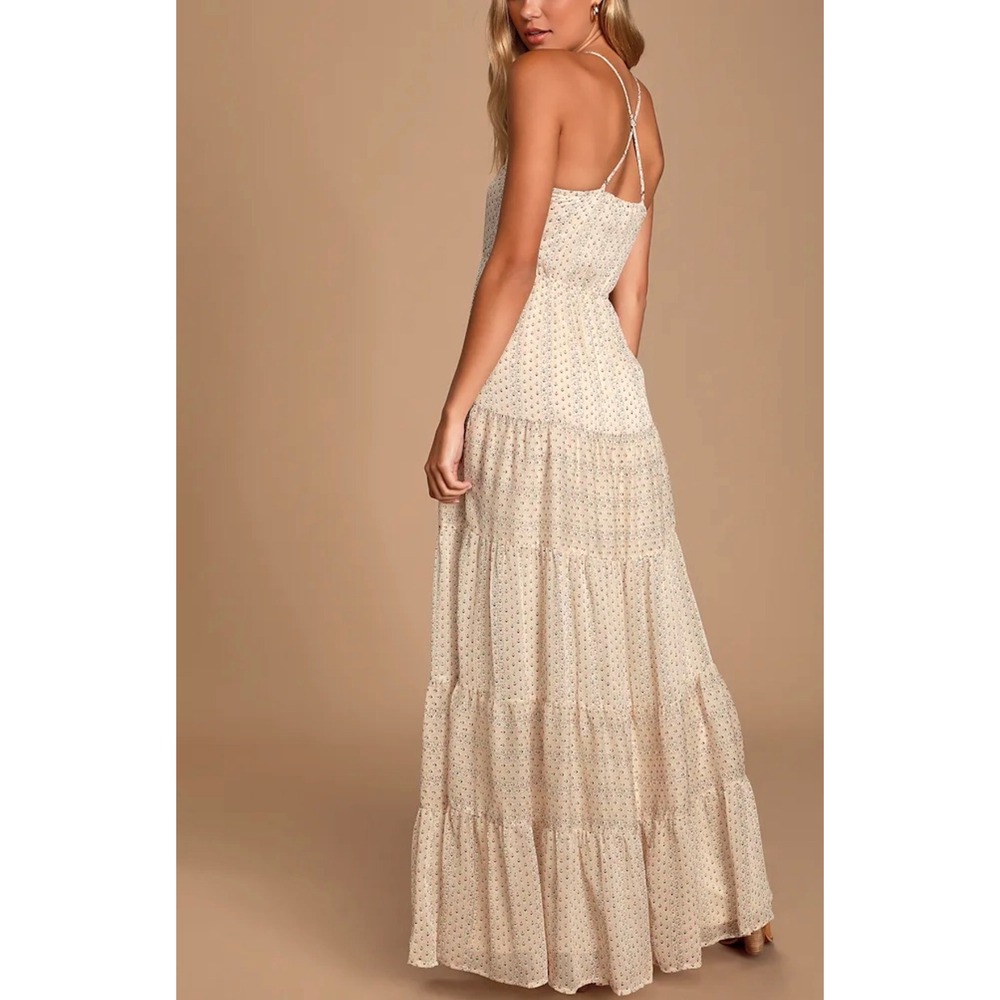 Lulus Sz M Brea Cream Floral Print Tiered Chiffon Maxi Dress Cottage Brunch Boho - Picture 2 of 11